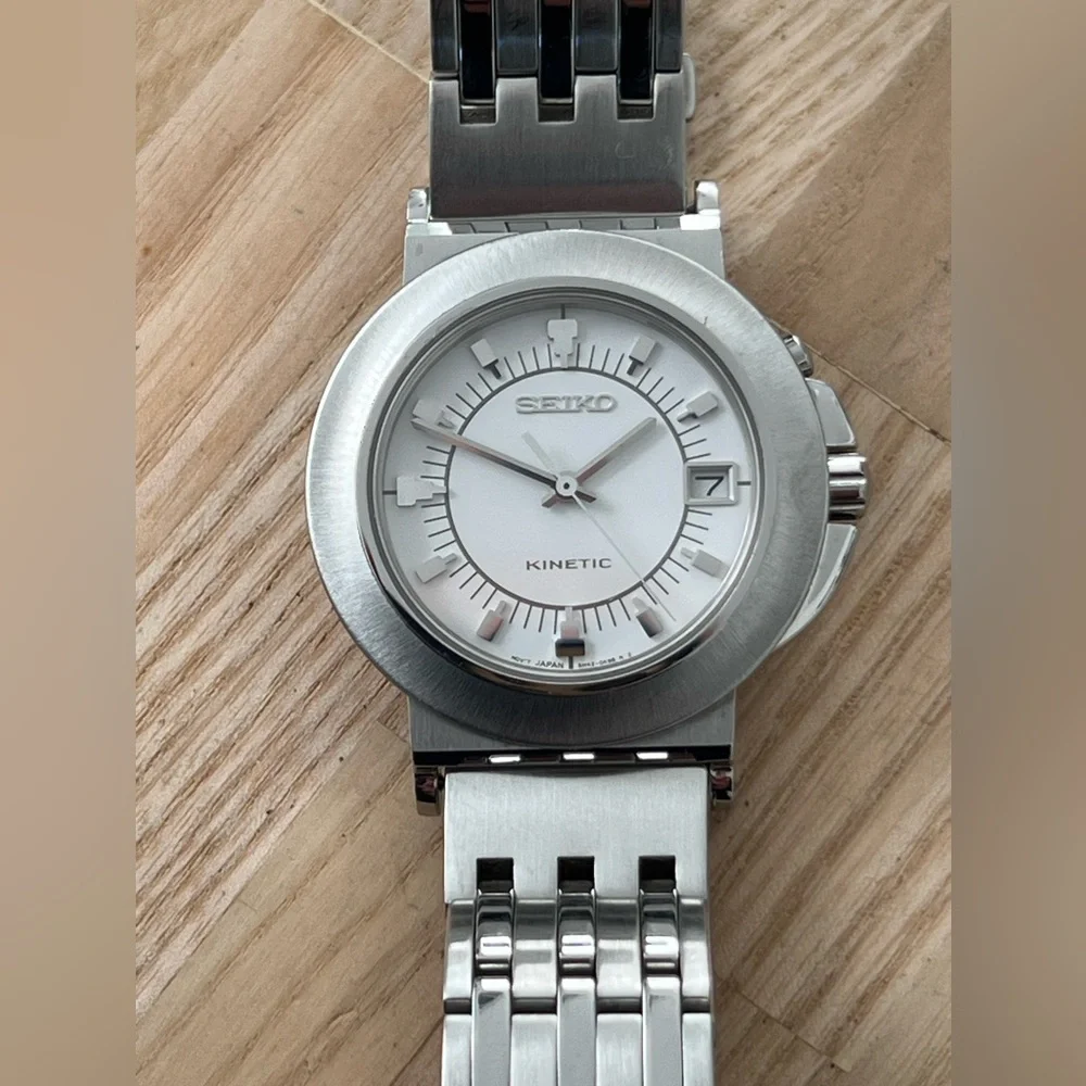Seiko Kinetic Super Rare Automatic Watch White Dial Stainless Bracelet Dial